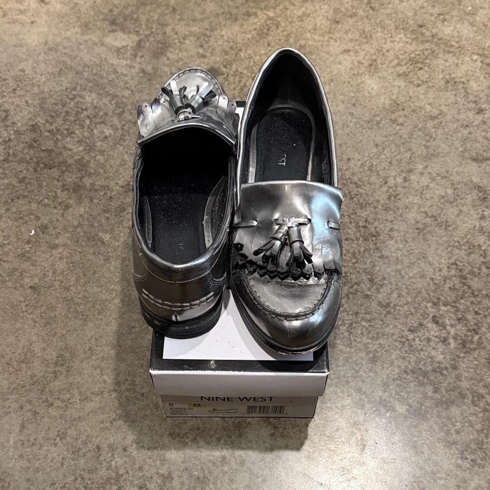 Nine West Metallic Silver Tassel Loafers